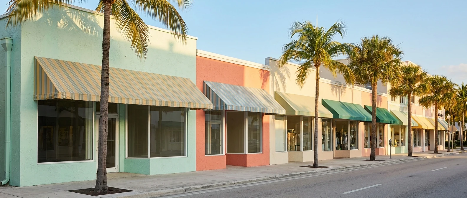 Una calle soleada de pequeños comercios con palmeras